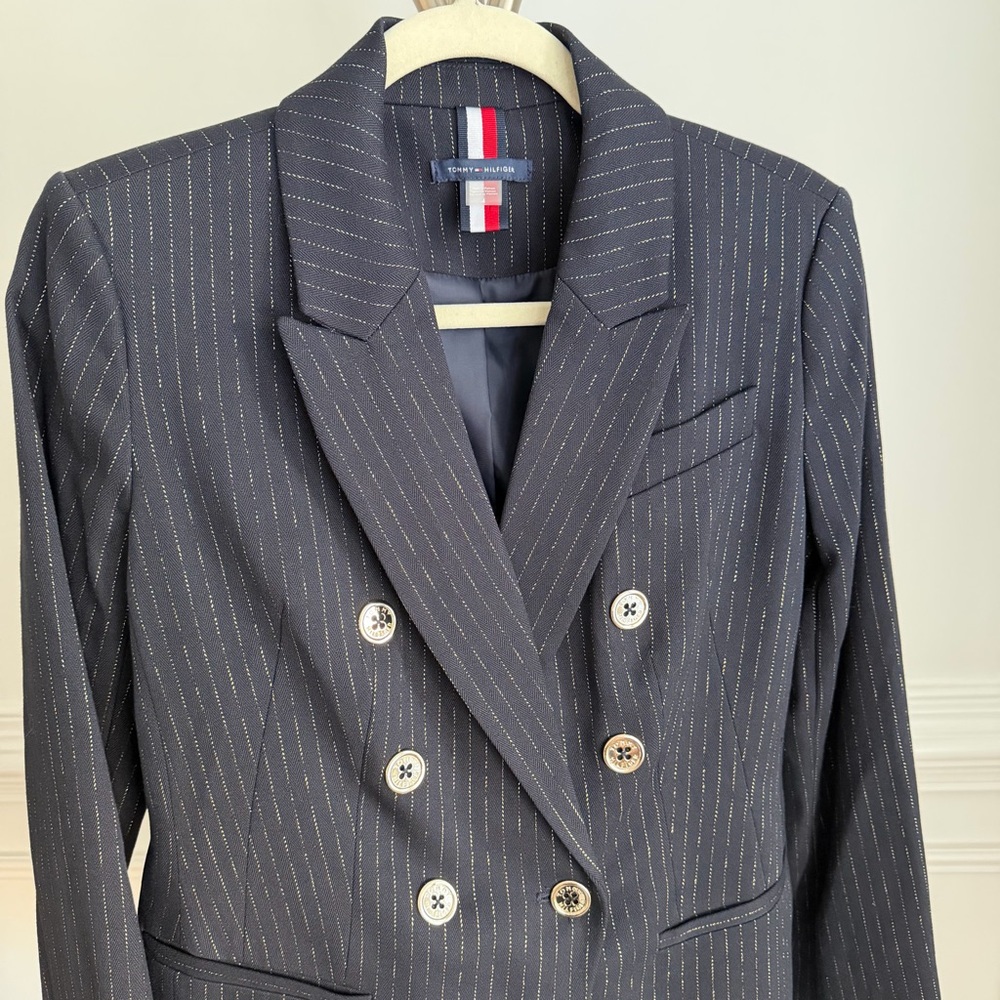 NWOT Tommy Hilfiger Navy Metallic Gold Pinstripe Double-Breasted Blazer Size 4 - Picture 5 of 10